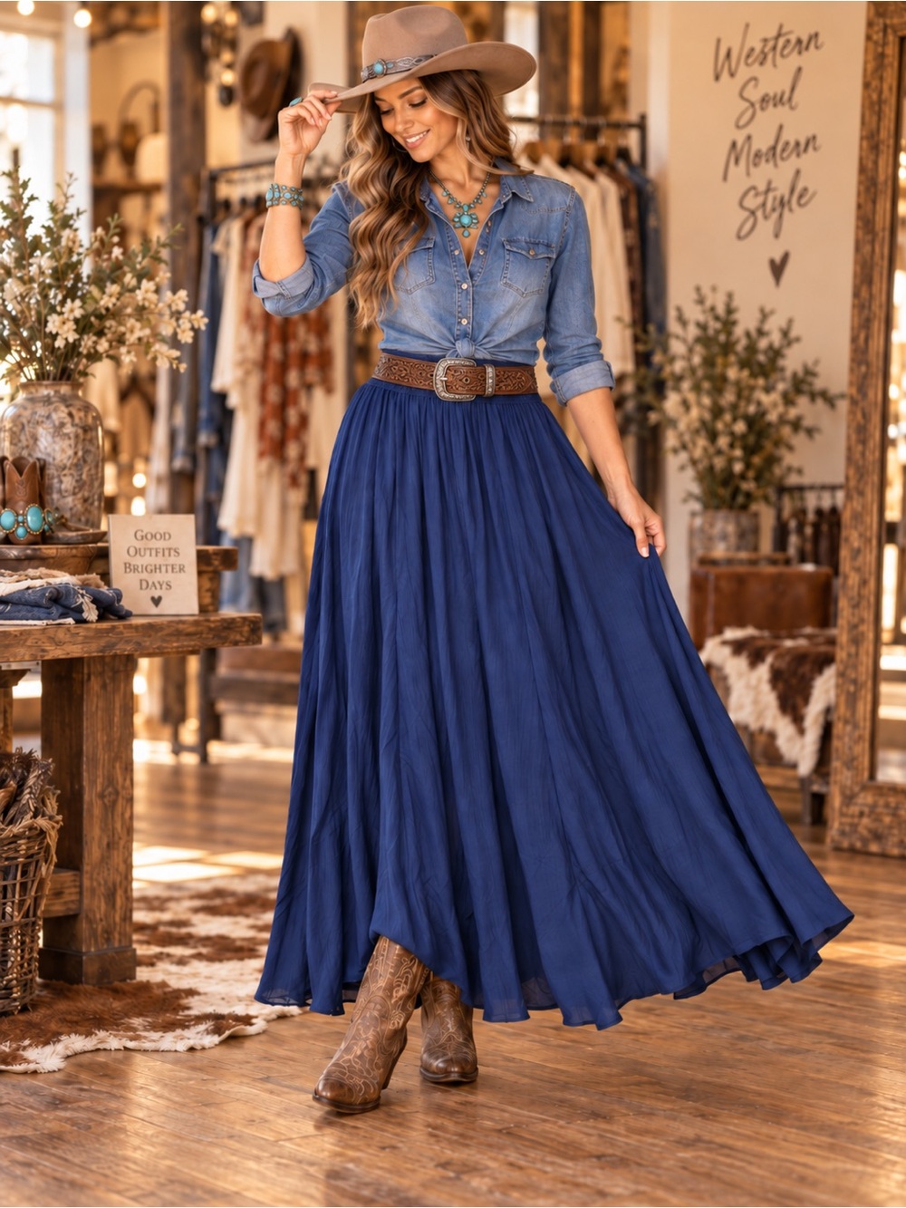 I.N. Studio NWT Navy Smocked Waist Boho Maxi Skirt Size M
